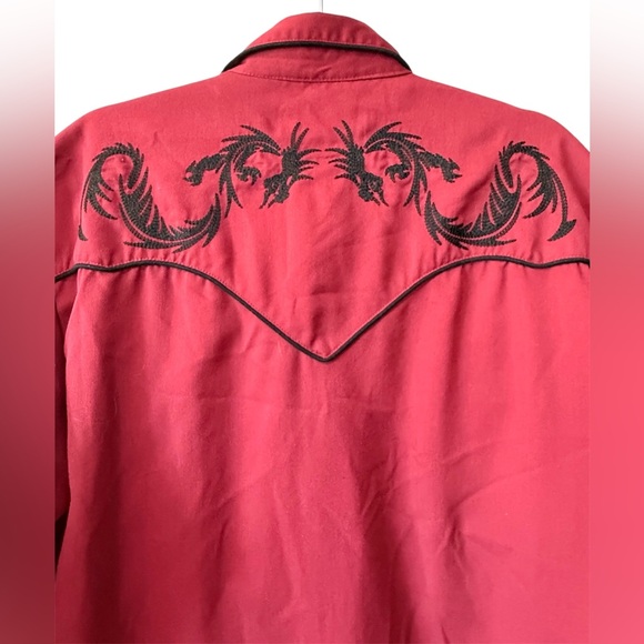 Vintage Scully men’s Large long sleeve snap up red & black Western dragon shirt - Picture 3 of 6